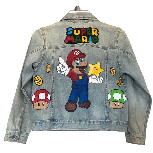 The Children's Place Other - The Childrens Place Boys Super Mario Custom Hand Painted Denim Jacket Size M 7/8